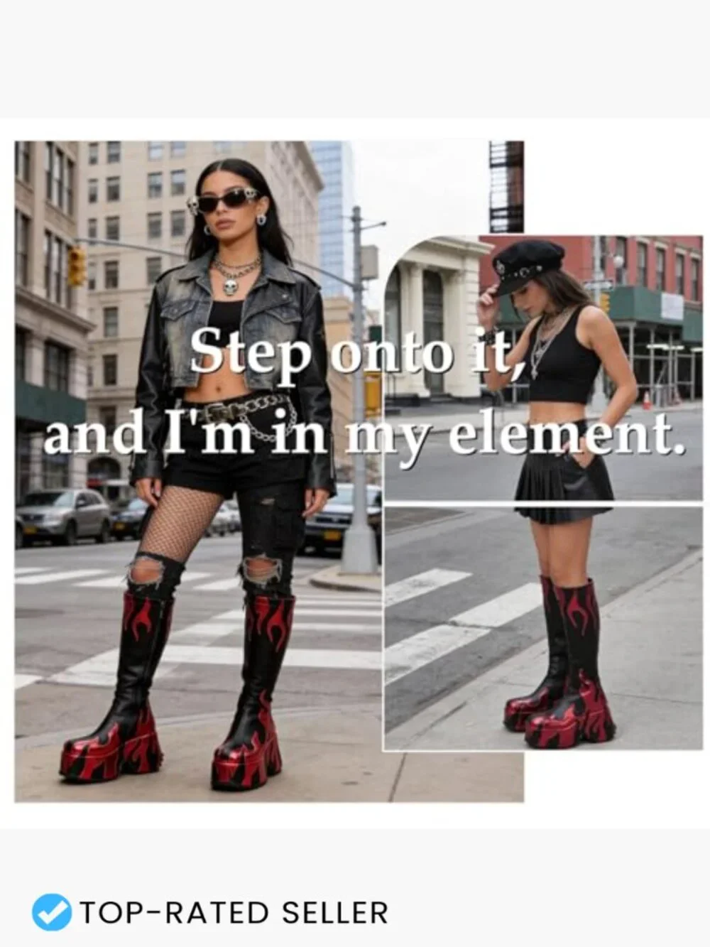 Side Zipper Chunky Platform Wedge Boots Round Toe Ankle Booties Flames Print